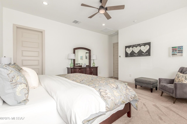 bedroom featuring light carpet, visible vents, recessed lighting, and a ceiling fan