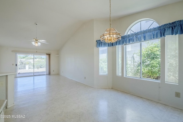 38034 S Golf Course Dr, Saddlebrooke, AZ 85739 - empty room featuring ceiling fan with notable chandelier, tile patterned floors, and high vaulted ceiling