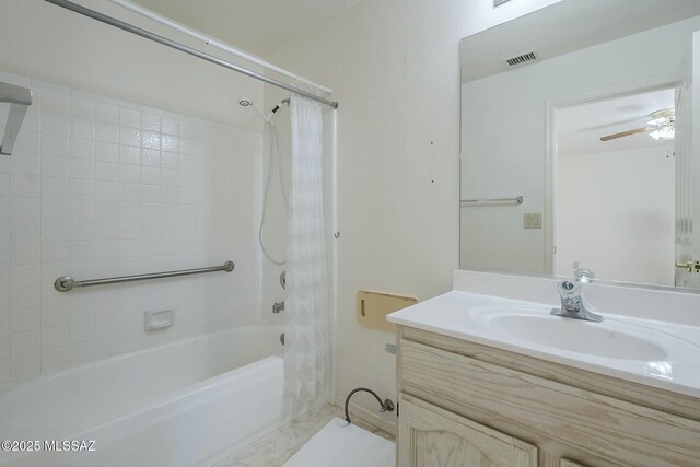 38034 S Golf Course Dr, Saddlebrooke, AZ 85739 - bathroom featuring shower / tub combo, a ceiling fan, visible vents, and vanity