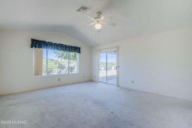 38034 S Golf Course Dr, Saddlebrooke, AZ 85739 - spare room featuring vaulted ceiling, visible vents, carpet floors, and ceiling fan