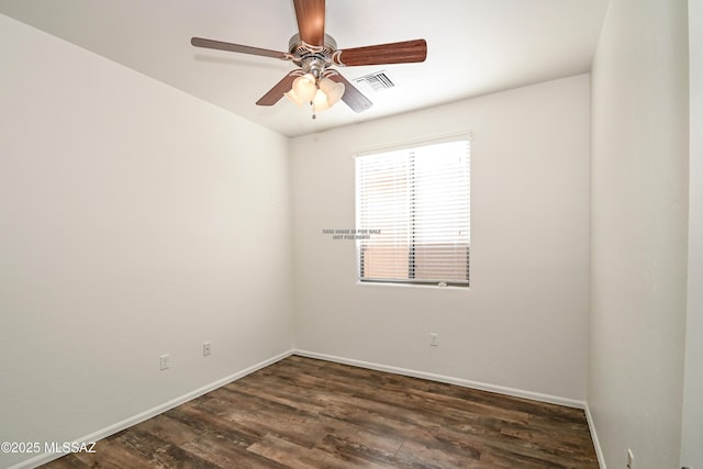 unfurnished room featuring dark wood-style floors, visible vents, a ceiling fan, and baseboards