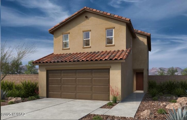 mediterranean / spanish-style home featuring fence, an attached garage, stucco siding, concrete driveway, and a tiled roof