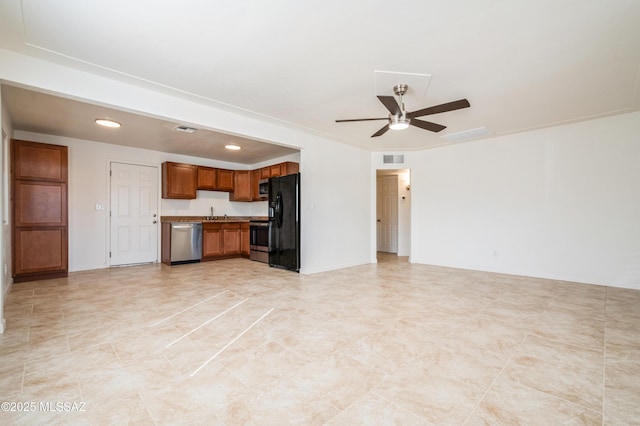 unfurnished living room with recessed lighting, visible vents, and ceiling fan