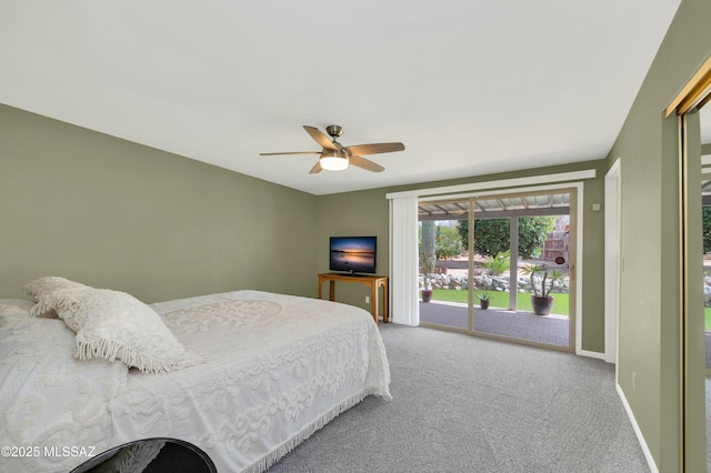 bedroom featuring access to outside, baseboards, carpet floors, and ceiling fan