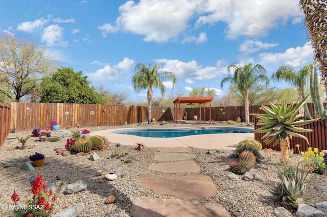 view of swimming pool featuring a fenced in pool, a patio, and a fenced backyard