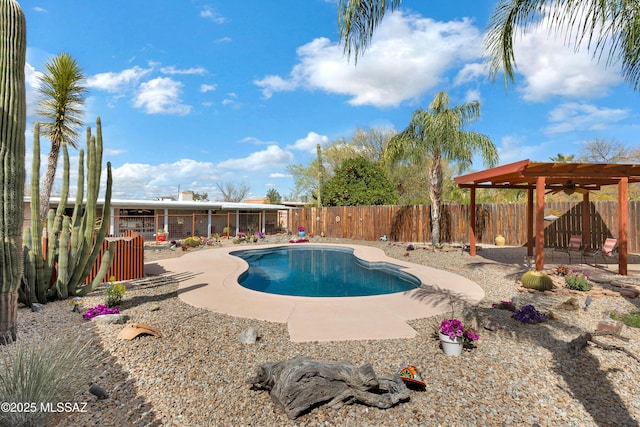 view of pool featuring a patio, a fenced backyard, a fenced in pool, and a pergola