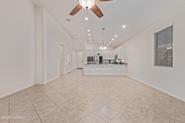 unfurnished living room featuring high vaulted ceiling, recessed lighting, light tile patterned floors, baseboards, and ceiling fan