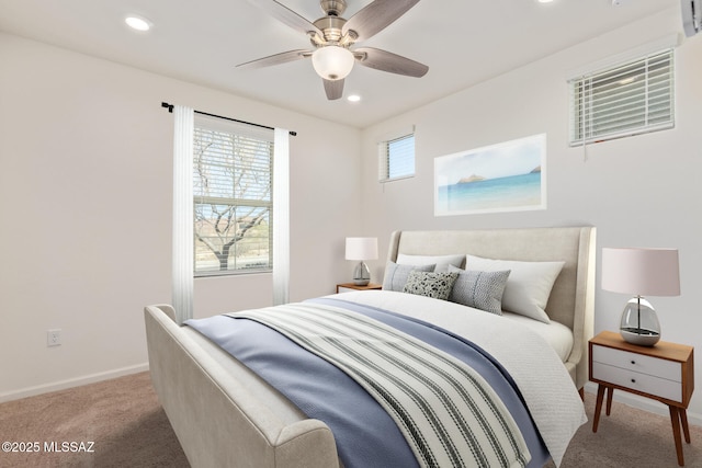 carpeted bedroom featuring recessed lighting, baseboards, and ceiling fan