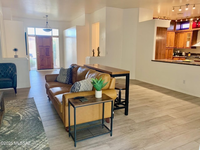 living room with light wood finished floors and baseboards