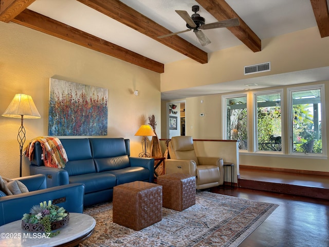 living area with visible vents, beam ceiling, and a ceiling fan