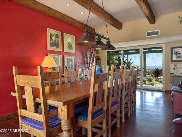 dining area with beamed ceiling, recessed lighting, baseboards, and visible vents