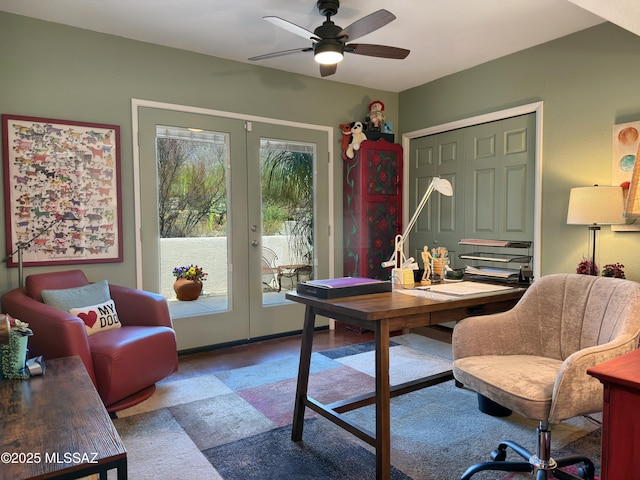 home office featuring french doors and a ceiling fan