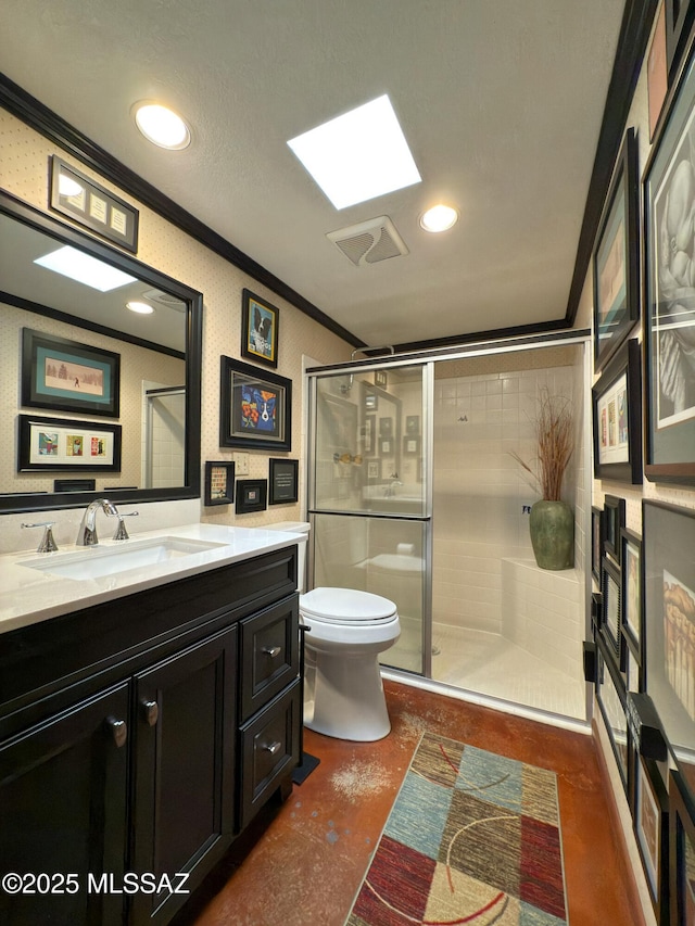 full bath featuring vanity, recessed lighting, a stall shower, ornamental molding, and toilet