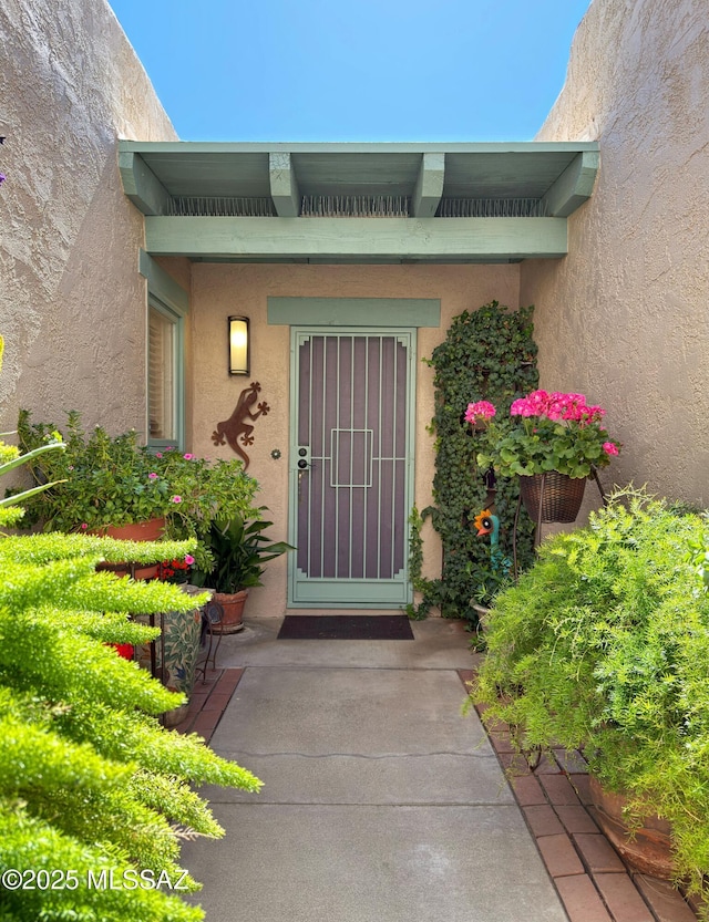 entrance to property featuring stucco siding