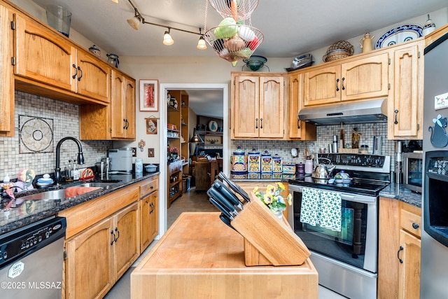 kitchen featuring dark stone counters, a sink, under cabinet range hood, appliances with stainless steel finishes, and tasteful backsplash