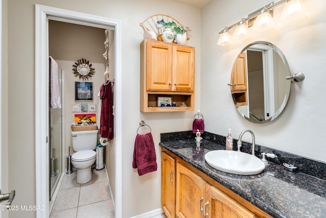 full bath featuring tile patterned floors, an enclosed shower, toilet, and vanity