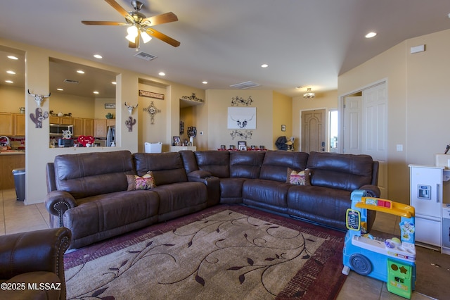 tiled living room featuring visible vents, recessed lighting, and a ceiling fan