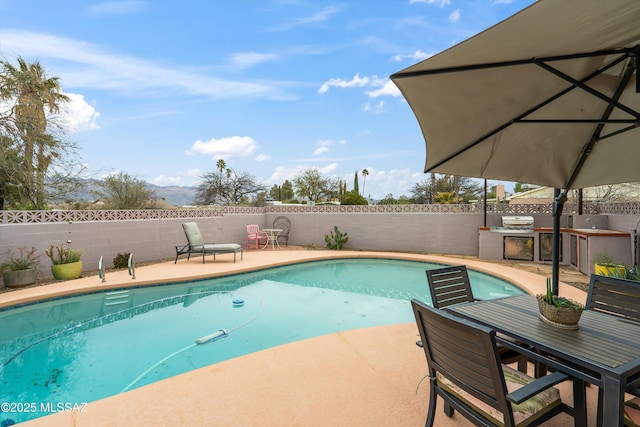 view of pool with a patio area, area for grilling, a fenced backyard, and a fenced in pool