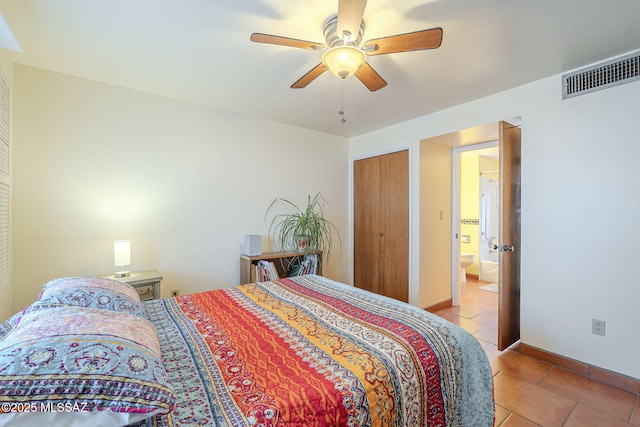 tiled bedroom with a closet, visible vents, a ceiling fan, and baseboards