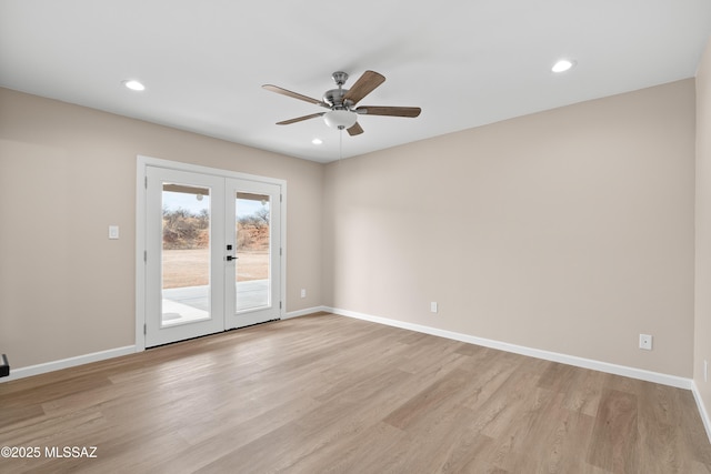 unfurnished room featuring baseboards, recessed lighting, french doors, light wood-style floors, and a ceiling fan