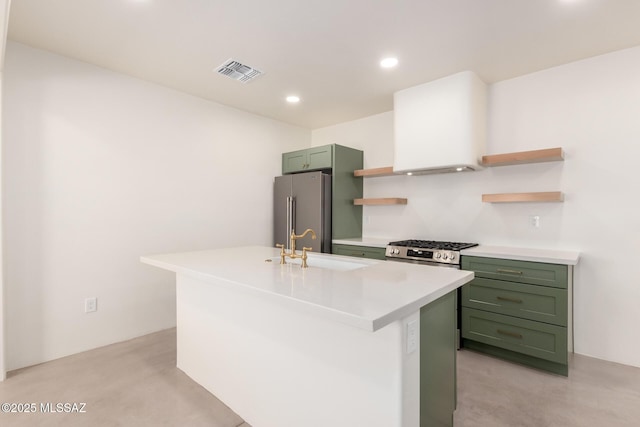 kitchen with open shelves, visible vents, appliances with stainless steel finishes, and green cabinetry