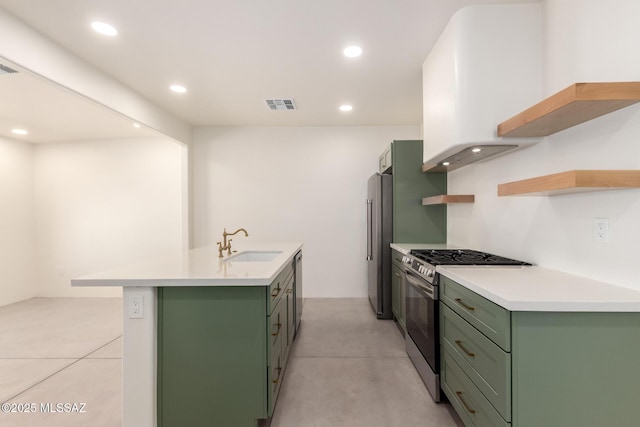 kitchen with visible vents, open shelves, a sink, stainless steel appliances, and green cabinets