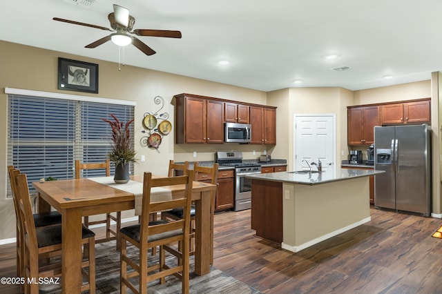 kitchen with visible vents, a sink, appliances with stainless steel finishes, ceiling fan, and dark wood-style flooring