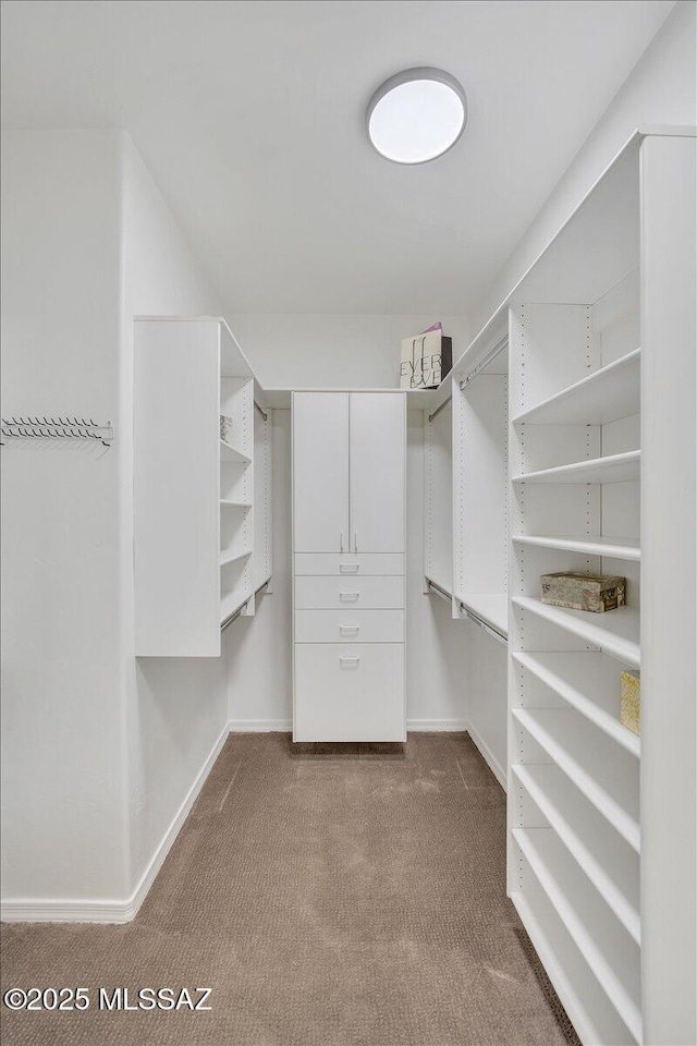 walk in closet with dark carpet