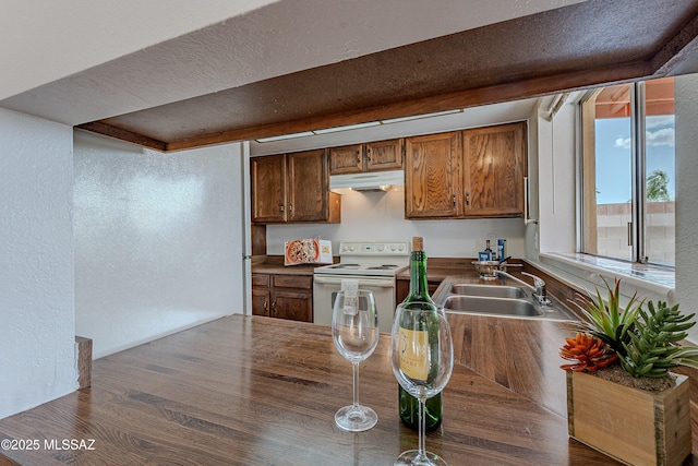 kitchen featuring brown cabinetry, white electric stove, a sink, under cabinet range hood, and a textured wall