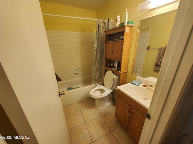 full bathroom with vanity, tile patterned floors, shower / tub combo, and toilet