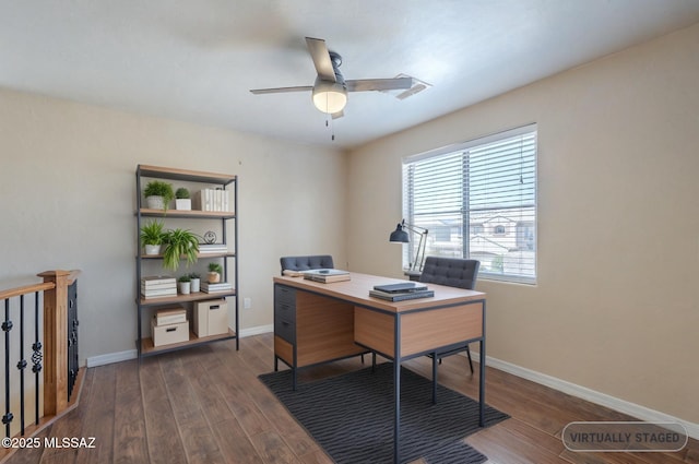 office area featuring baseboards, a ceiling fan, and wood finished floors