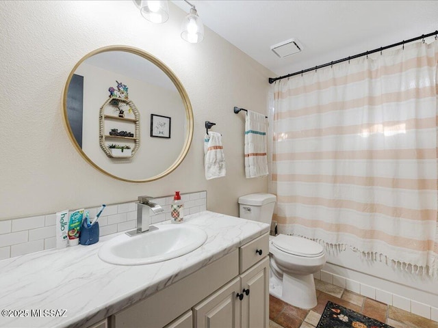 full bathroom featuring visible vents, toilet, and vanity