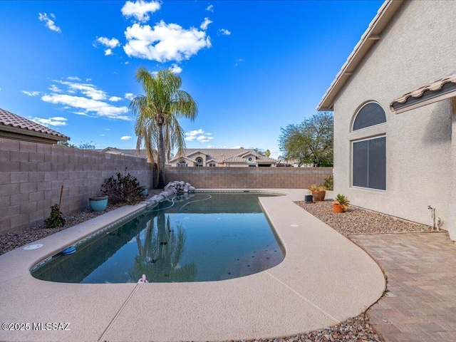 view of pool featuring a fenced in pool, a patio, and a fenced backyard