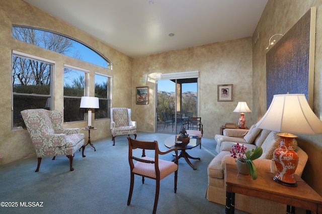 living room with carpet floors and a towering ceiling