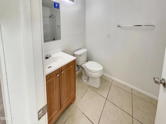 full bath featuring vanity, baseboards, tile patterned flooring, walk in shower, and toilet