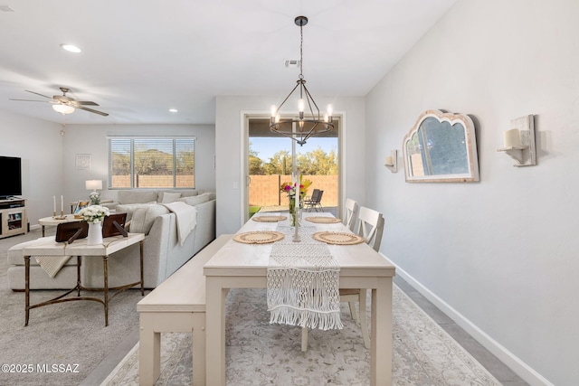 dining area featuring visible vents, recessed lighting, ceiling fan with notable chandelier, and baseboards