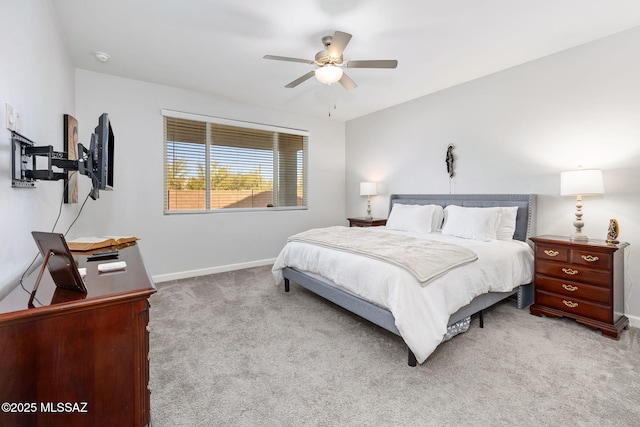 bedroom featuring carpet, baseboards, and ceiling fan