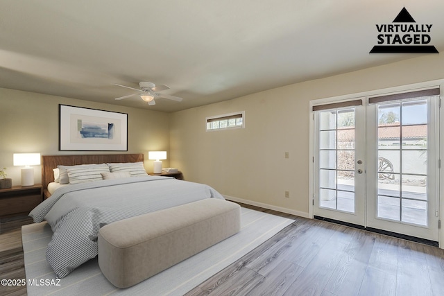 bedroom featuring french doors, a ceiling fan, wood finished floors, access to outside, and baseboards
