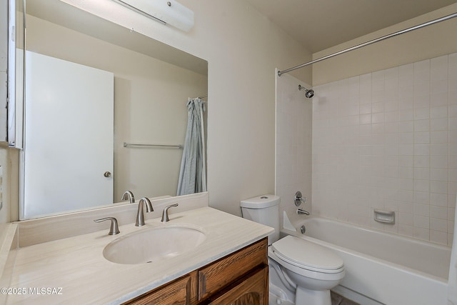 full bathroom with shower / bath combination with curtain, toilet, and vanity
