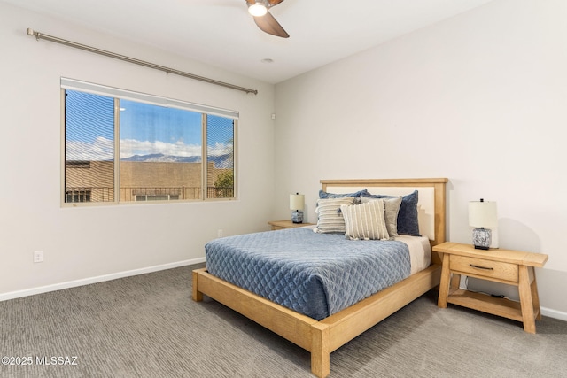 bedroom with carpet floors, baseboards, and ceiling fan