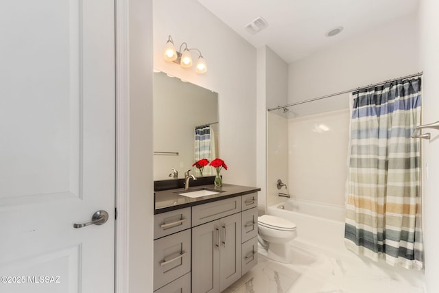 bathroom featuring visible vents, shower / bathtub combination with curtain, toilet, marble finish floor, and vanity