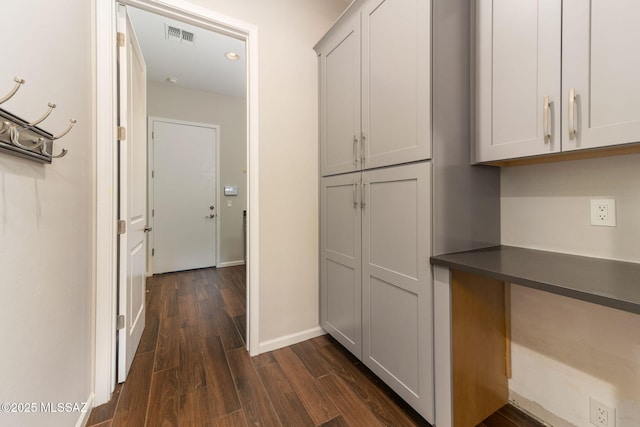 kitchen featuring visible vents, baseboards, dark countertops, and dark wood-style floors