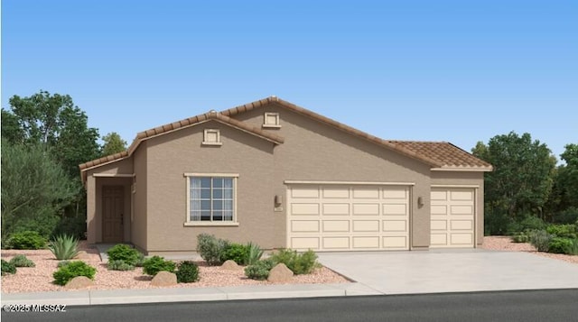 view of front of property featuring a tile roof, an attached garage, driveway, and stucco siding