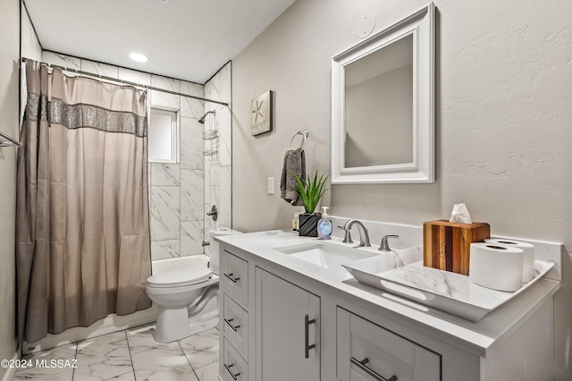 full bath featuring vanity, shower / bath combo with shower curtain, toilet, a textured wall, and marble finish floor