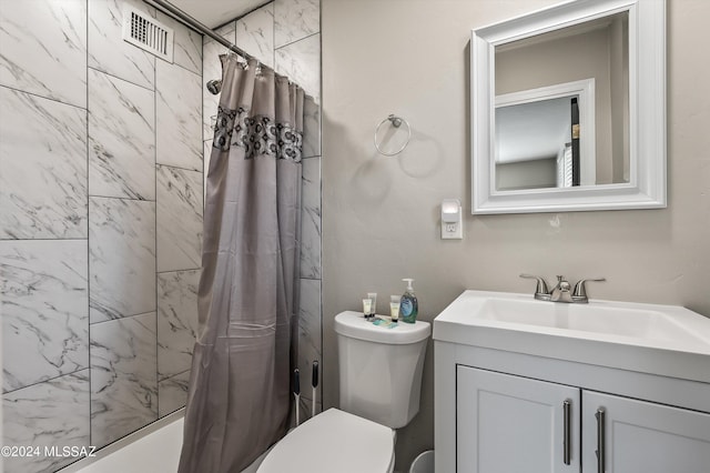 bathroom with visible vents, toilet, shower / tub combo with curtain, and vanity