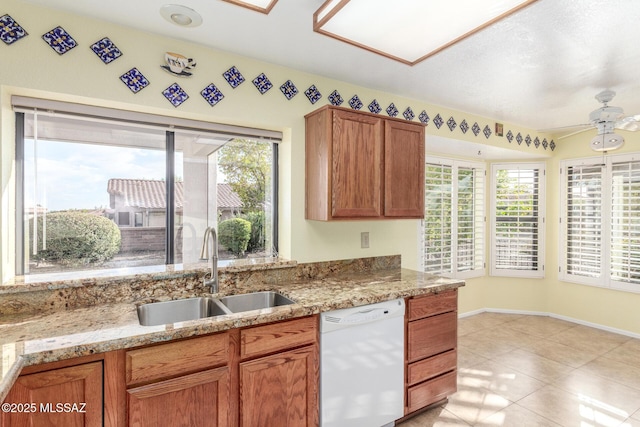 kitchen featuring a sink, plenty of natural light, a ceiling fan, and dishwasher