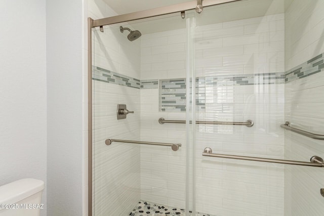 bathroom featuring toilet and a stall shower