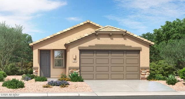 view of front of property featuring a tiled roof, a garage, concrete driveway, and stucco siding