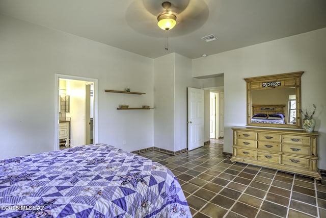 bedroom with dark tile patterned flooring, a ceiling fan, visible vents, and baseboards