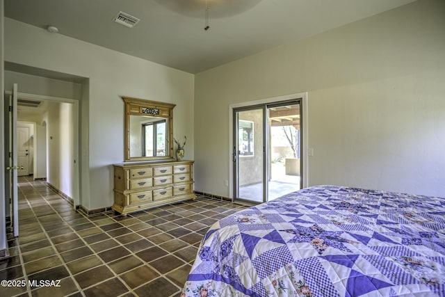 bedroom with visible vents, dark tile patterned floors, access to outside, baseboards, and ceiling fan